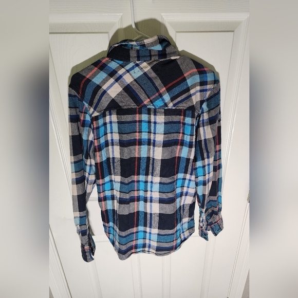 Mens OP Flannel Button Up Distressed Plaid Long Sleeve Top - Picture 9 of 10